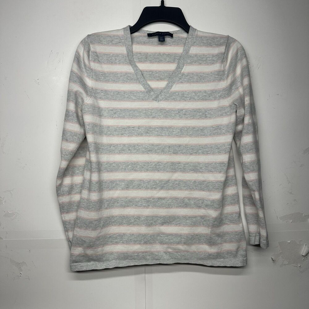 Tommy Hilfiger Women’s Sweater Size L Gray Pink Striped V-Neck Long Sleeve